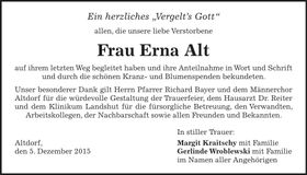 Traueranzeige Erna Alt