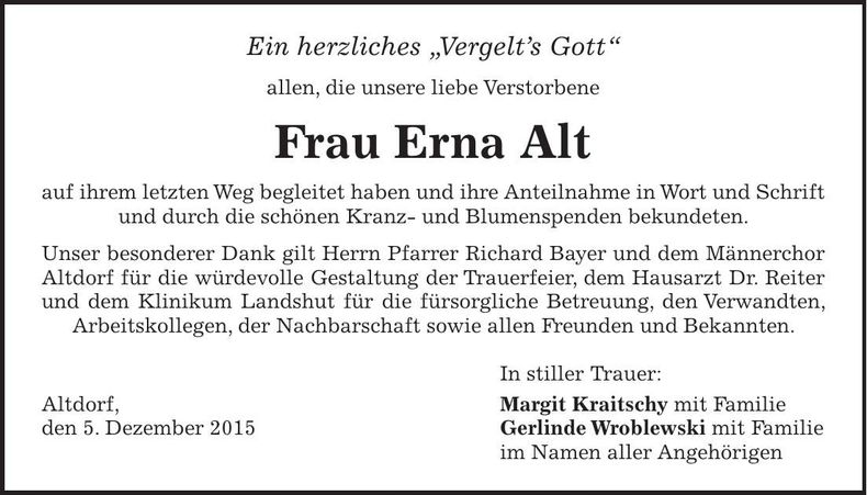 Traueranzeige Erna Alt