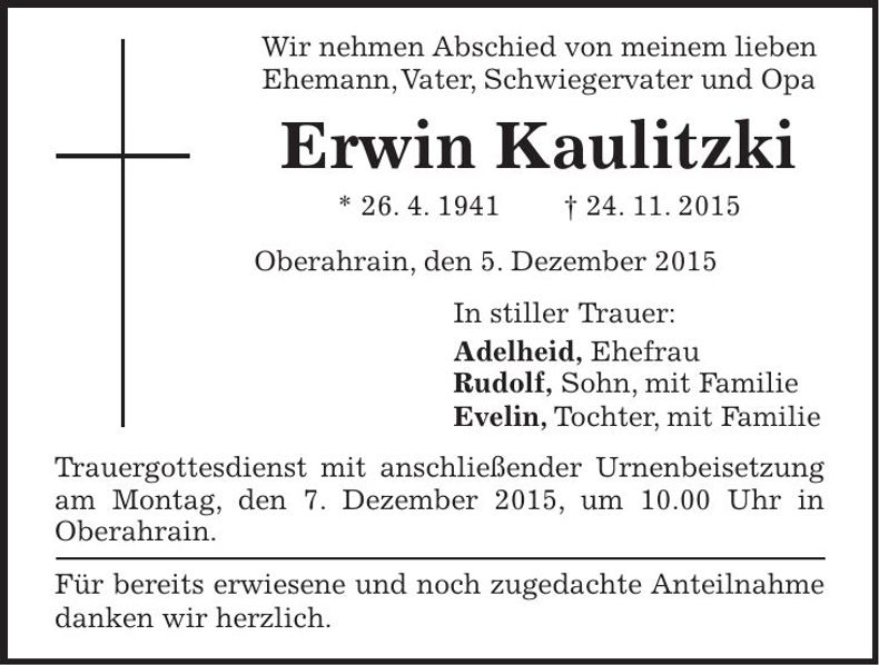 Traueranzeige Erwin Kaulitzki