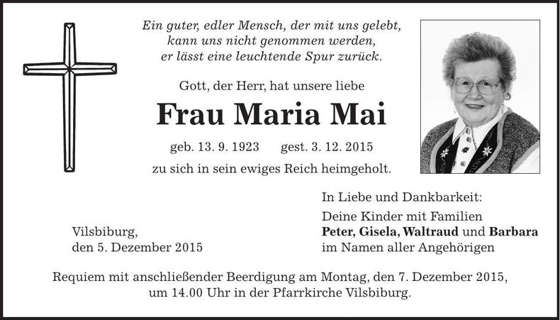 Traueranzeige Maria Mai