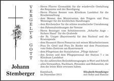 Traueranzeige Johann Stemberger