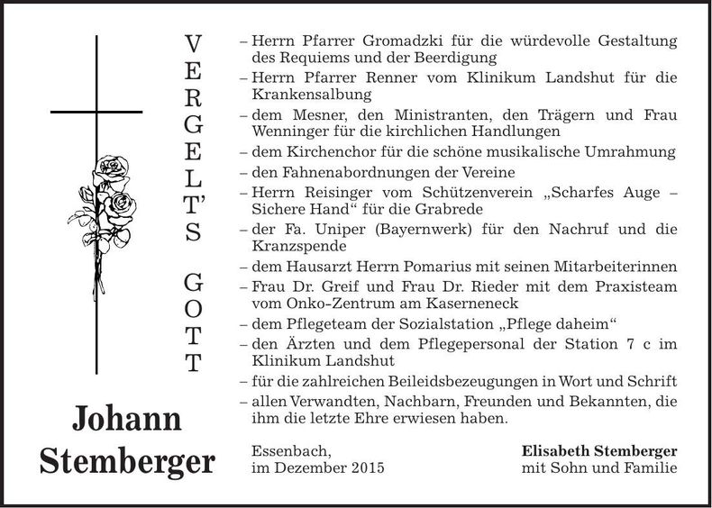 Traueranzeige Johann Stemberger