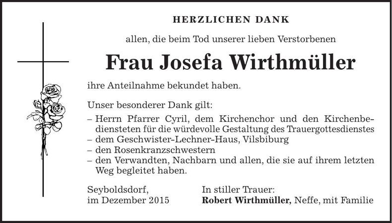 Traueranzeige Josefa Wirthmüller