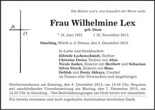 Traueranzeige Wilhelmine Lex