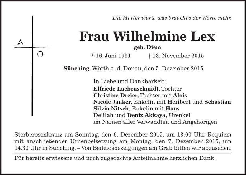 Traueranzeige Wilhelmine Lex