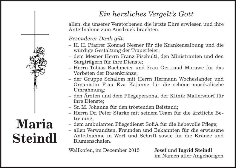 Traueranzeige Maria Steindl