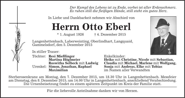 Traueranzeige Otto Eberl