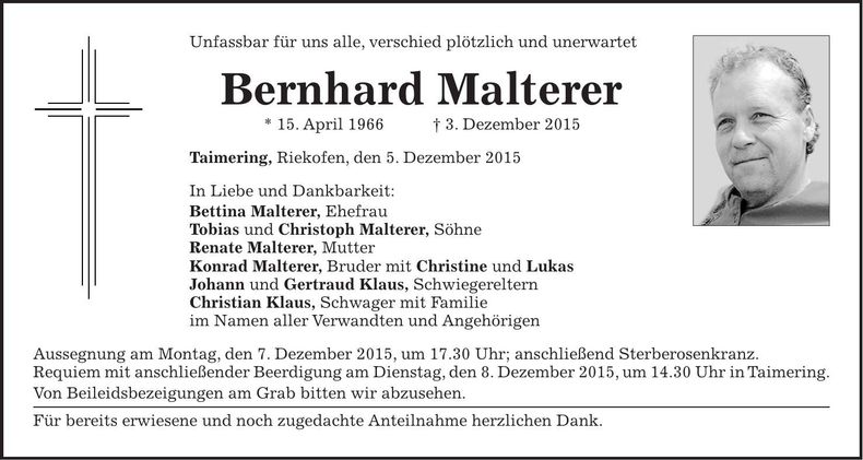 Traueranzeige Berhard Malterer