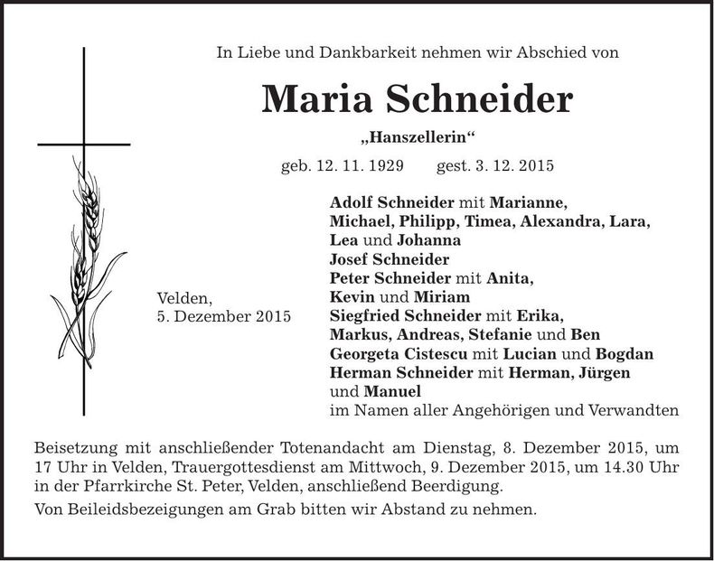 Traueranzeige Maria Schneider