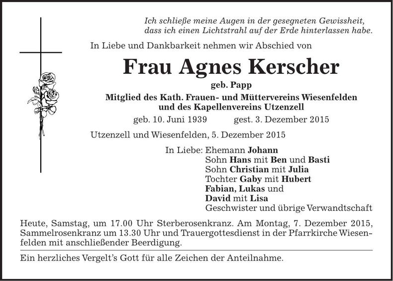 Traueranzeige Agnes Kerscher