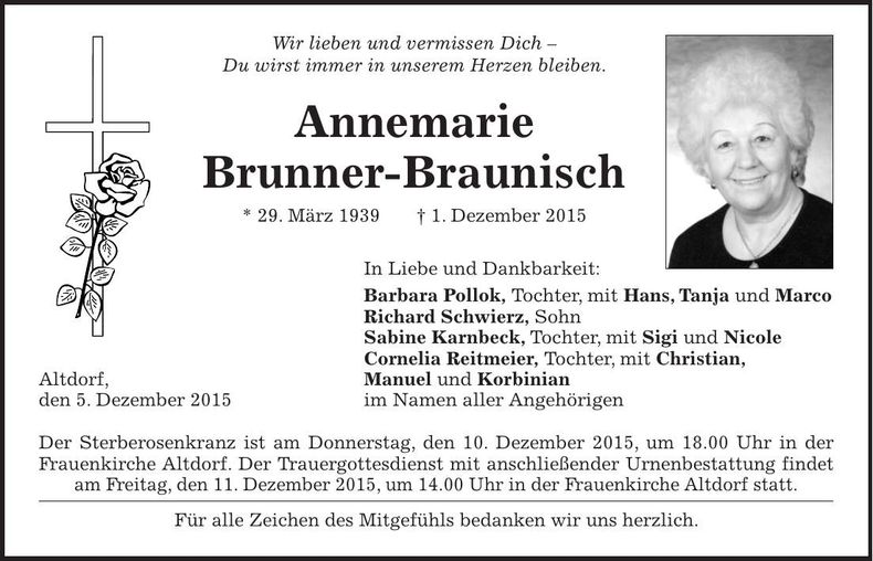 Traueranzeige Annemarie Brunner-Braunisch