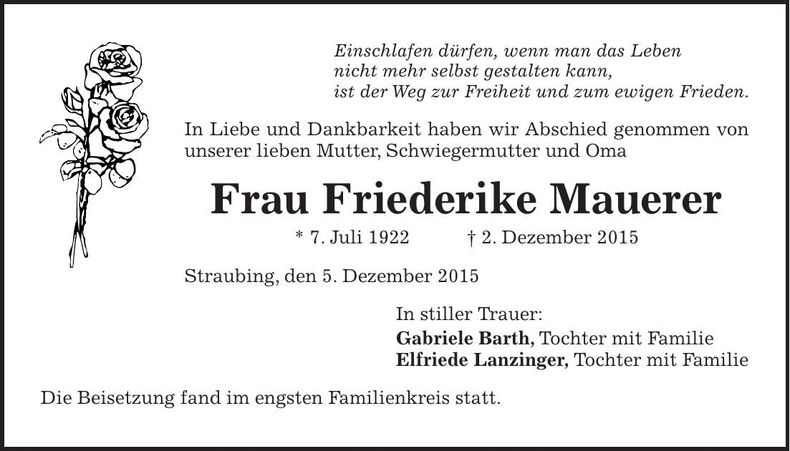 Traueranzeige Friederike Mauerer