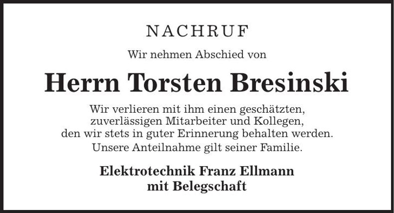 Traueranzeige Torsten Bresinski