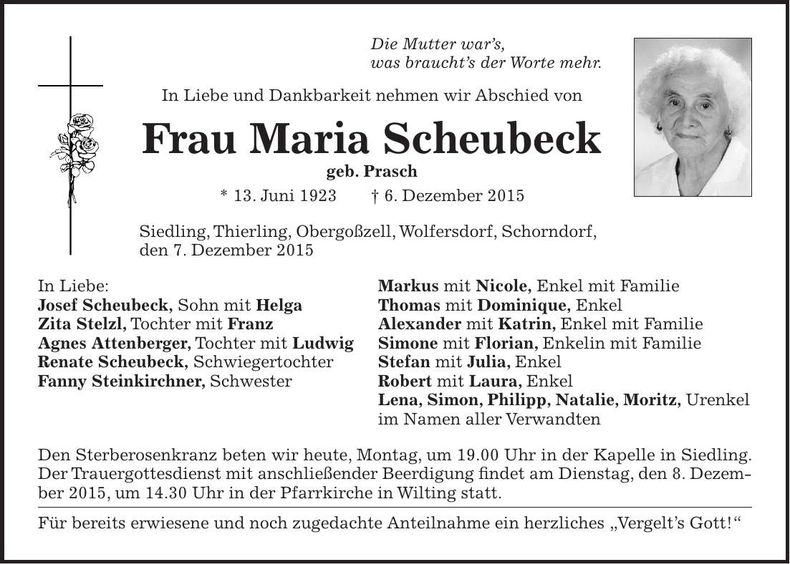 Traueranzeige Maria Scheubeck