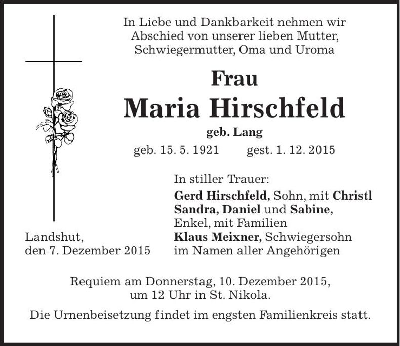 Traueranzeige Maria Hirschfeld