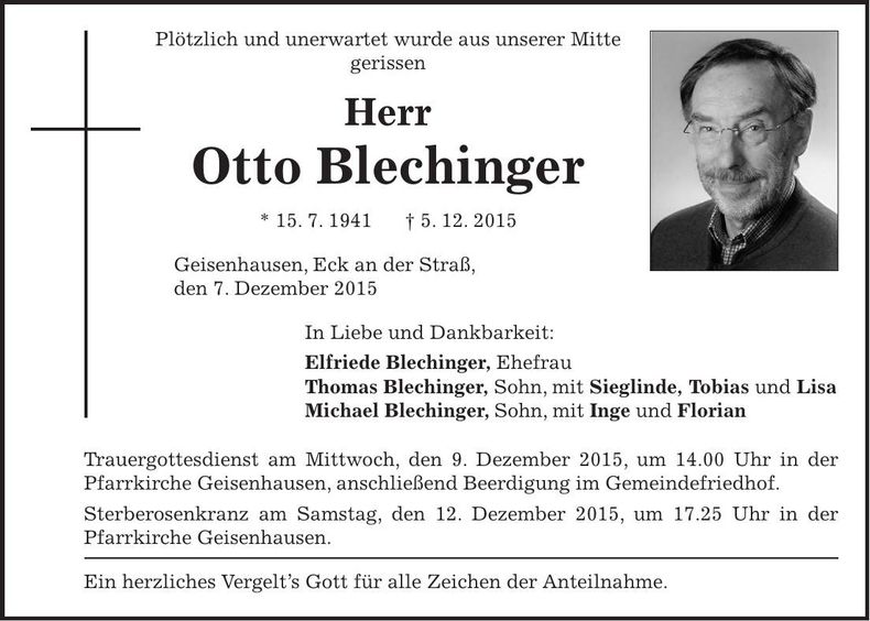 Traueranzeige Otto Blechinger