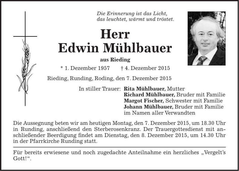 Traueranzeige Edwin Mühlbauer