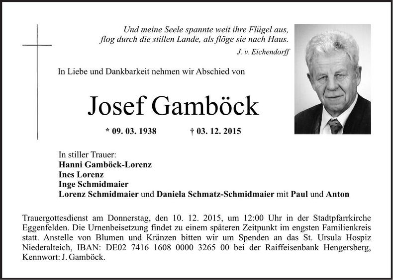 Traueranzeige Josef Gamböck