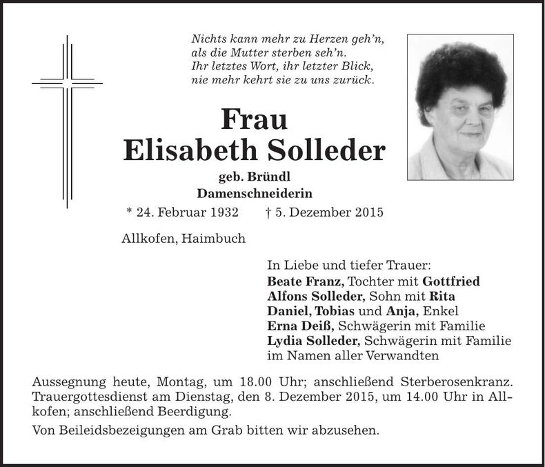 Traueranzeige Elisabeth Solleder
