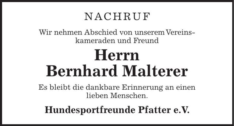 Traueranzeige Bernhard Malterer
