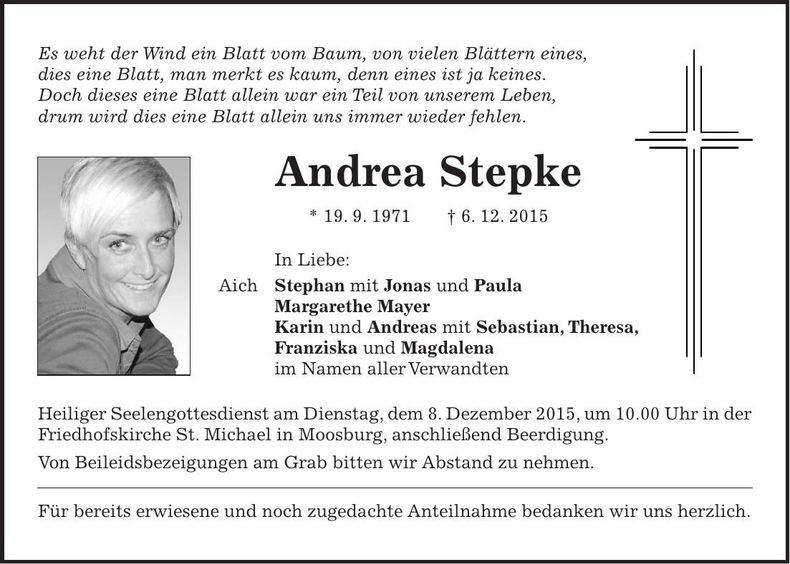 Traueranzeige Andrea Stepke