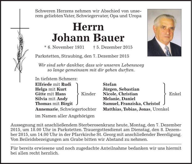Traueranzeige Johann Bauer