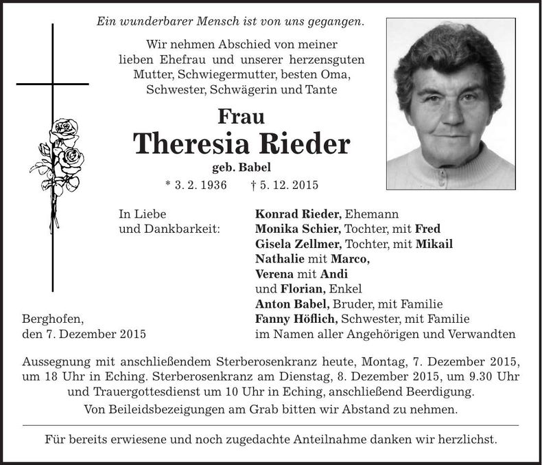 Traueranzeige Theresia Rieder