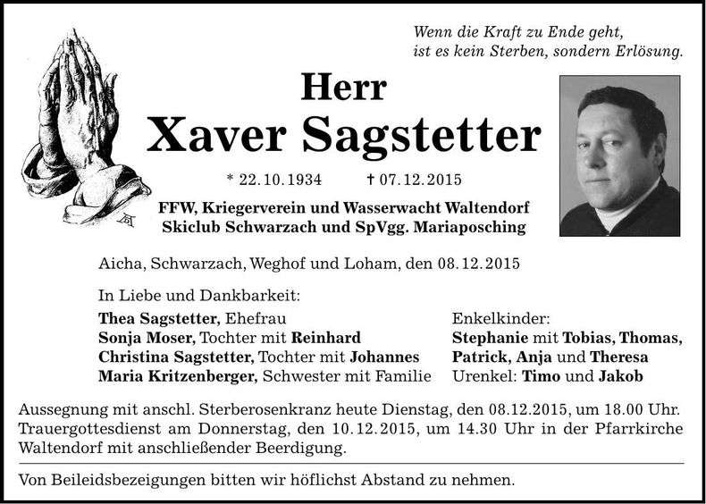 Traueranzeige Xaver Sagstetter