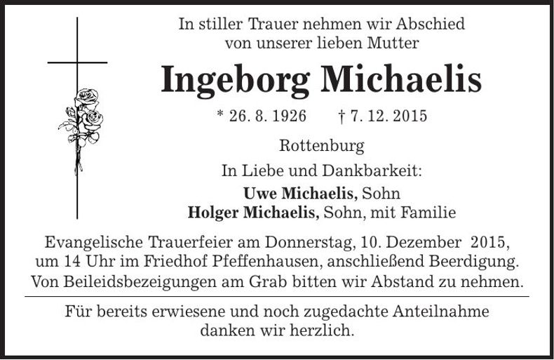 Traueranzeige Ingeborg Michaelis