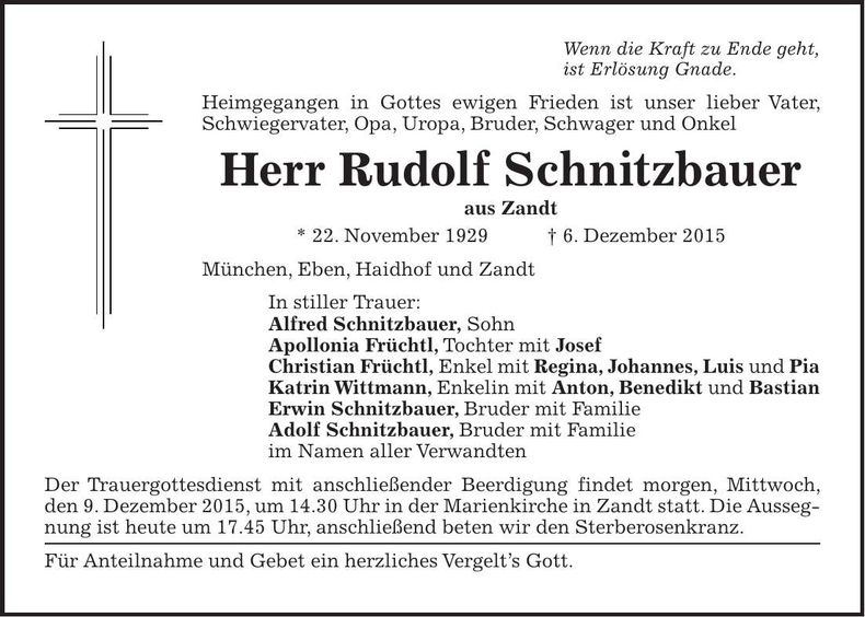 Traueranzeige Rudolf Schnitzbauer