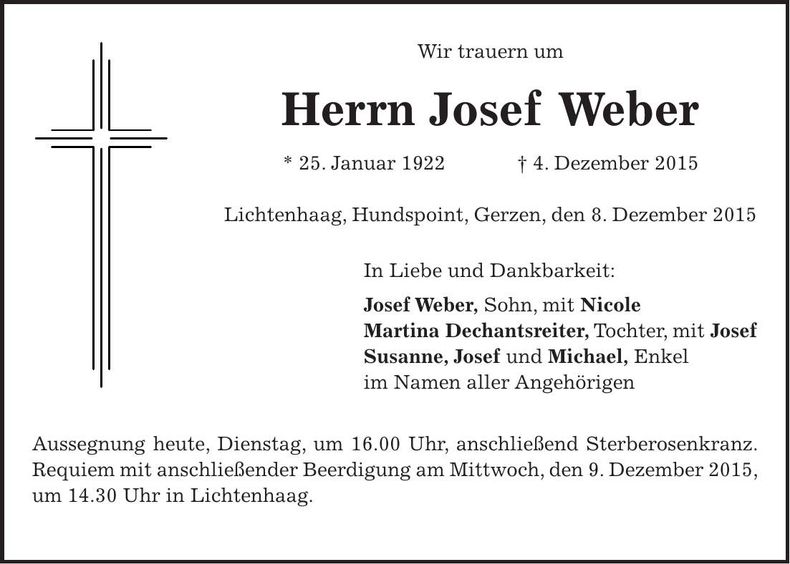 Traueranzeige Josef Weber