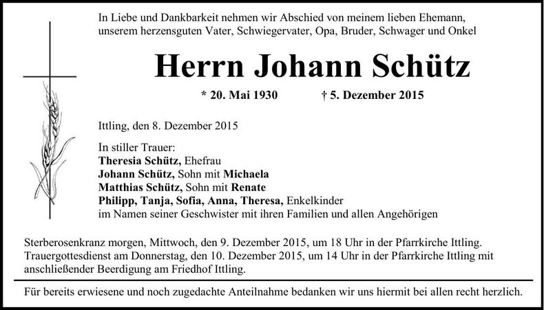 Traueranzeige Johann Schütz