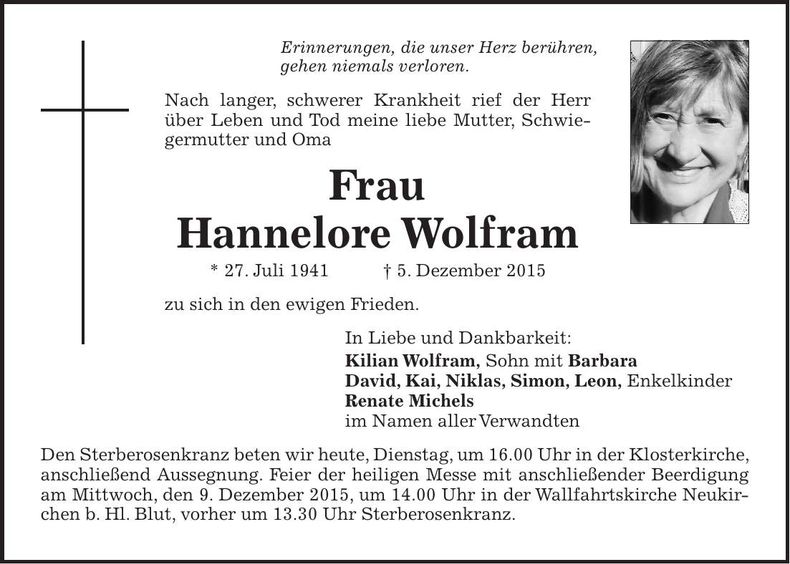 Traueranzeige Hannelore Wolfram