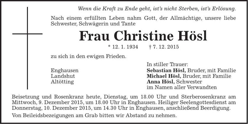 Traueranzeige Christine Hösl