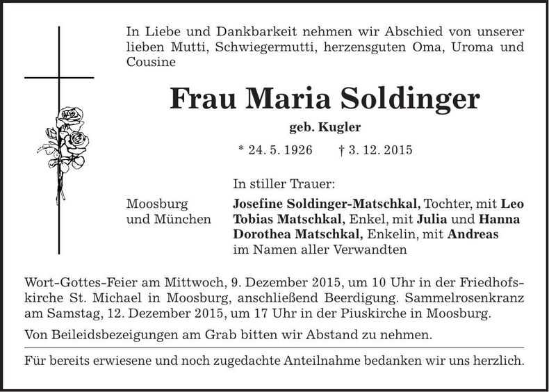 Traueranzeige Maria Soldinger