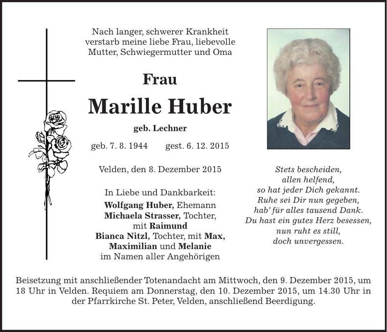 Traueranzeige Marille Huber