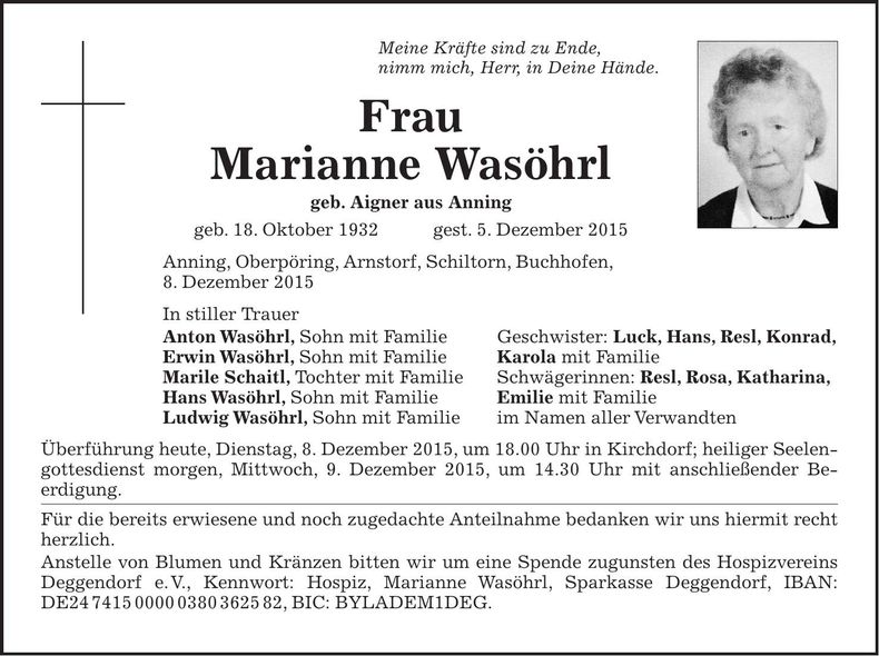 Traueranzeige Marianne Wasöhrl