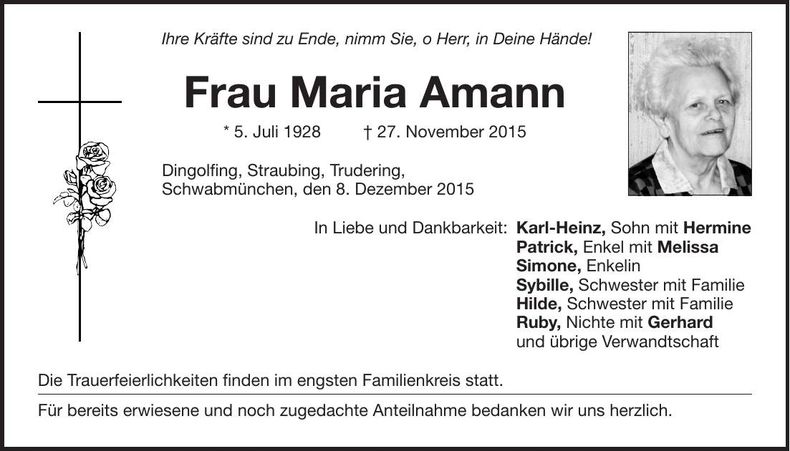 Traueranzeige Maria Amann