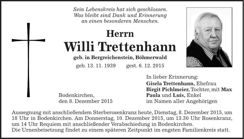 Traueranzeige Willi Trettenhann