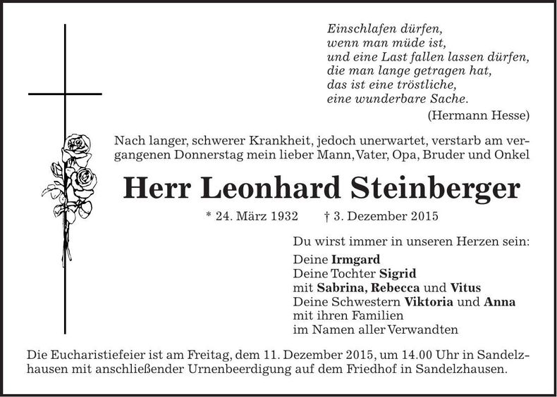 Traueranzeige Leonhard Steinberger
