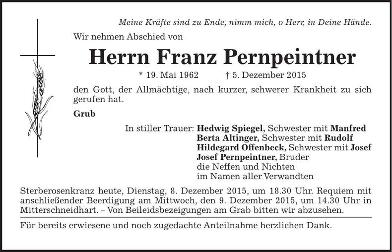 Traueranzeige Franz Pernpeintner