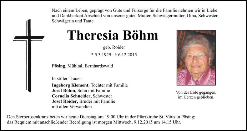 Traueranzeige Theresia Böhm