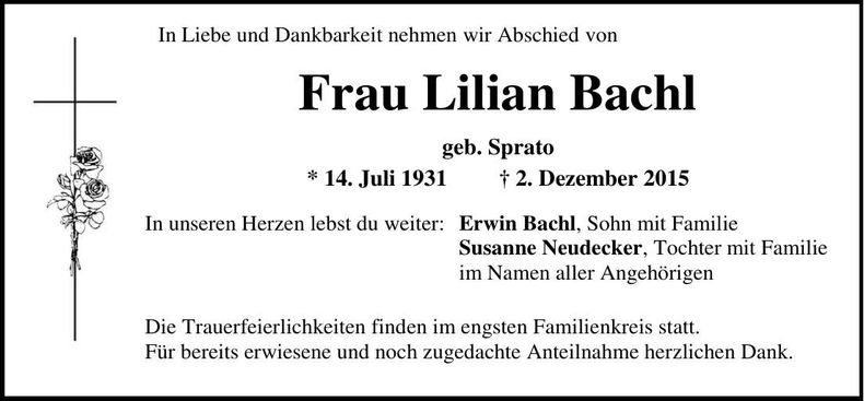 Traueranzeige Lilian Bachl