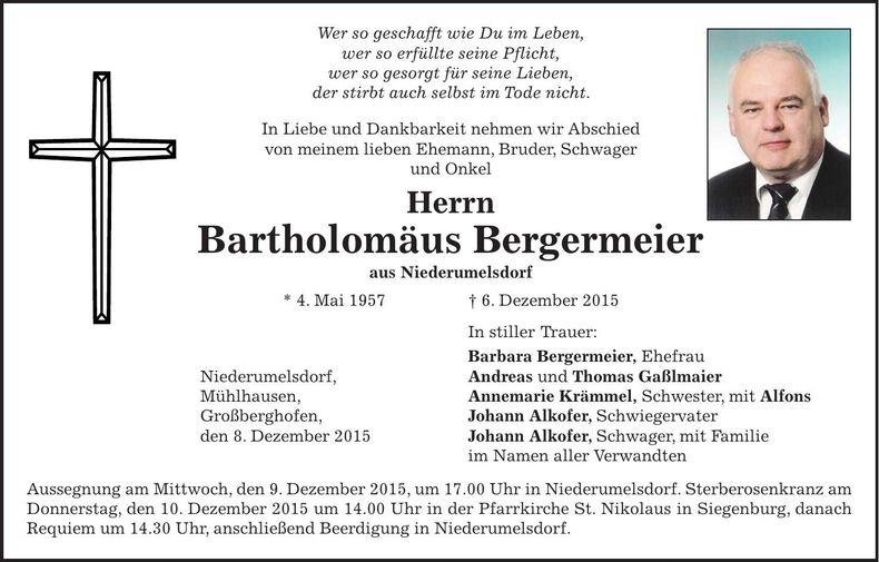 Traueranzeige Bartholomäus Bergermeier