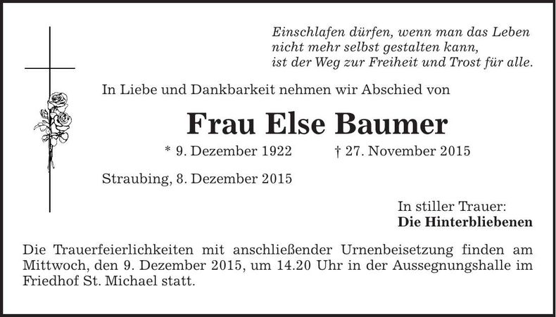 Traueranzeige Else Baumer