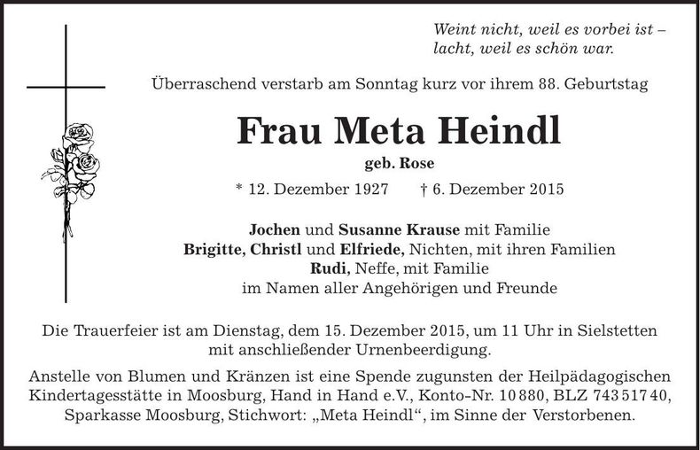 Traueranzeige Meta Heindl