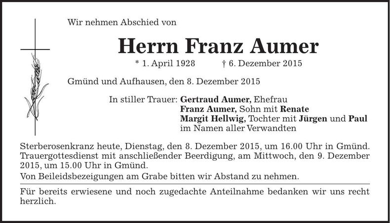 Traueranzeige Franz Aumer
