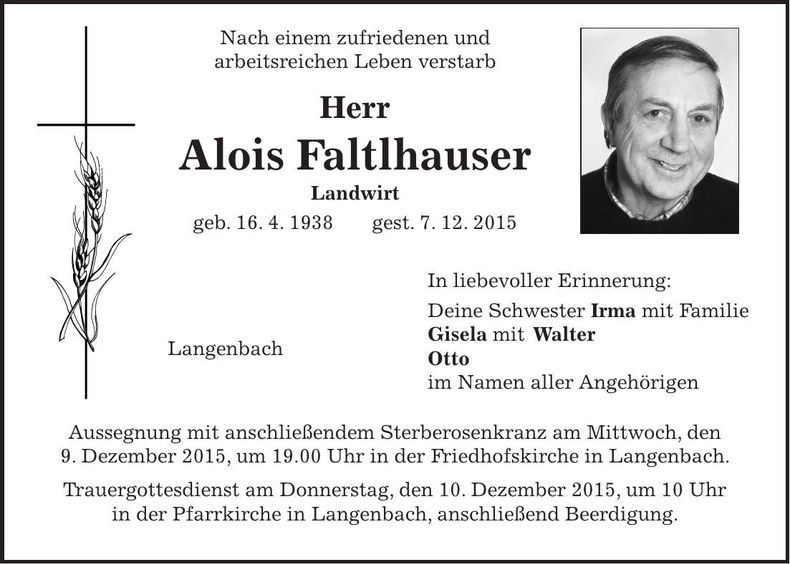 Traueranzeige Alois Faltlhauser