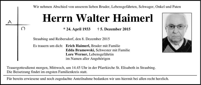 Traueranzeige Walter Haimerl