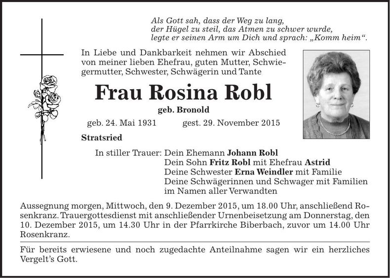Traueranzeige Rosina Robl